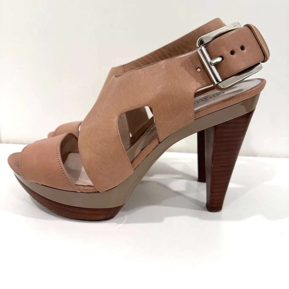Michael Kors Tan Leather Platform Wooden Women's Heels Sandals 9.5 - Picture 3 of 9